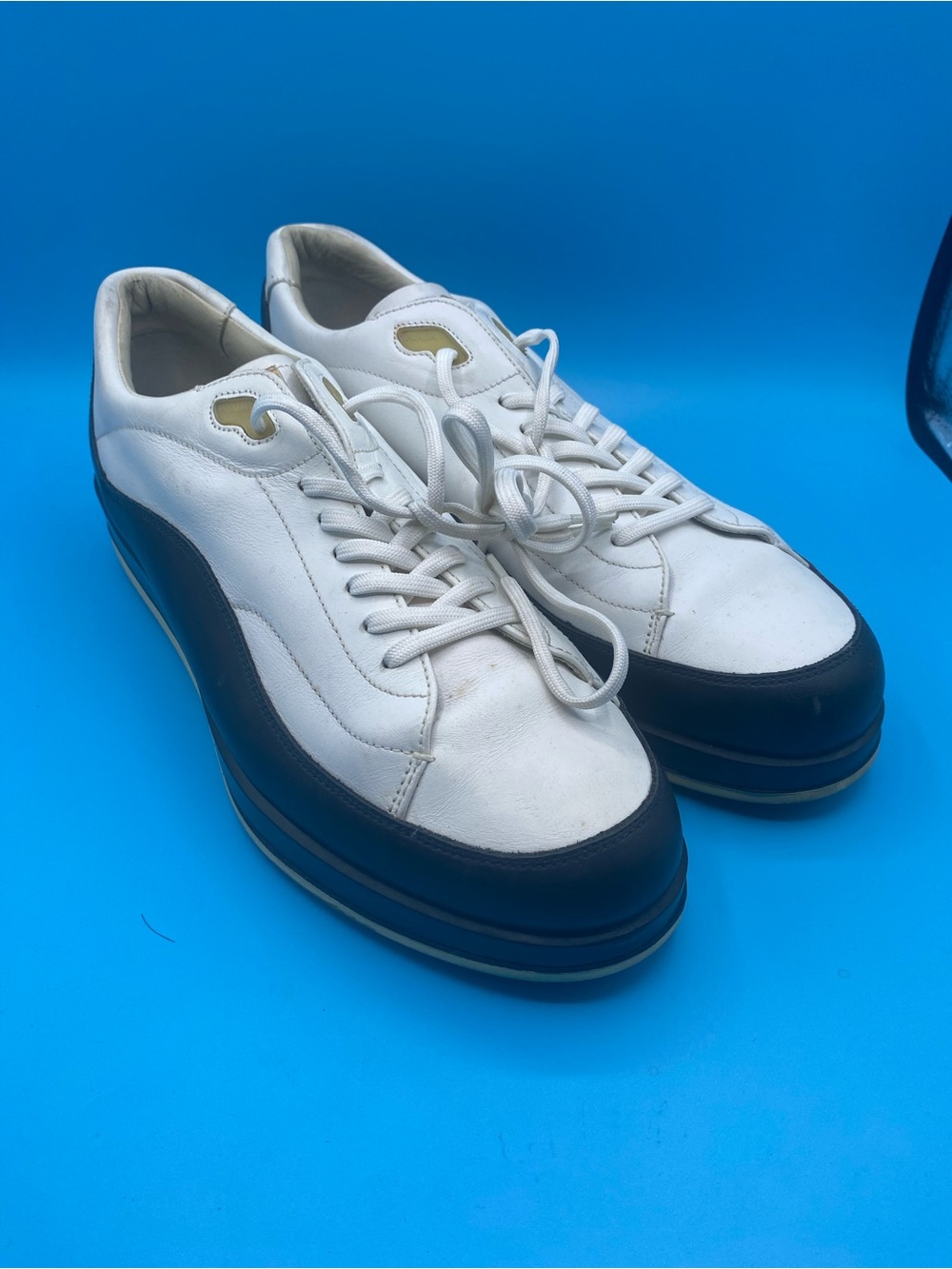 Prada White and Black Low-Top Leather Sneakers - Picture 1 of 6